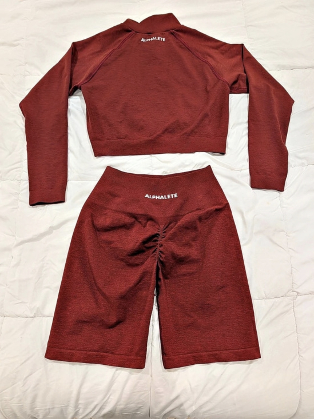 Alphalete Amplify Workout Set (Long Sleeve Crop Top & Biker Shorts) Burgundy